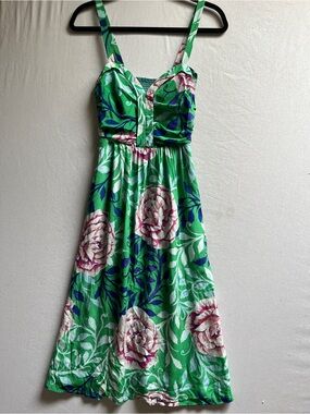 Moulinette Soeurs Anthropologie 100% Silk Floral Sundress Teal Pink Green Sz 0